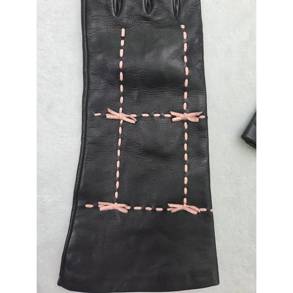 Portolano Womens Black Leather Gloves Pink Bows 100% Silk Lining Size 8 Vintage